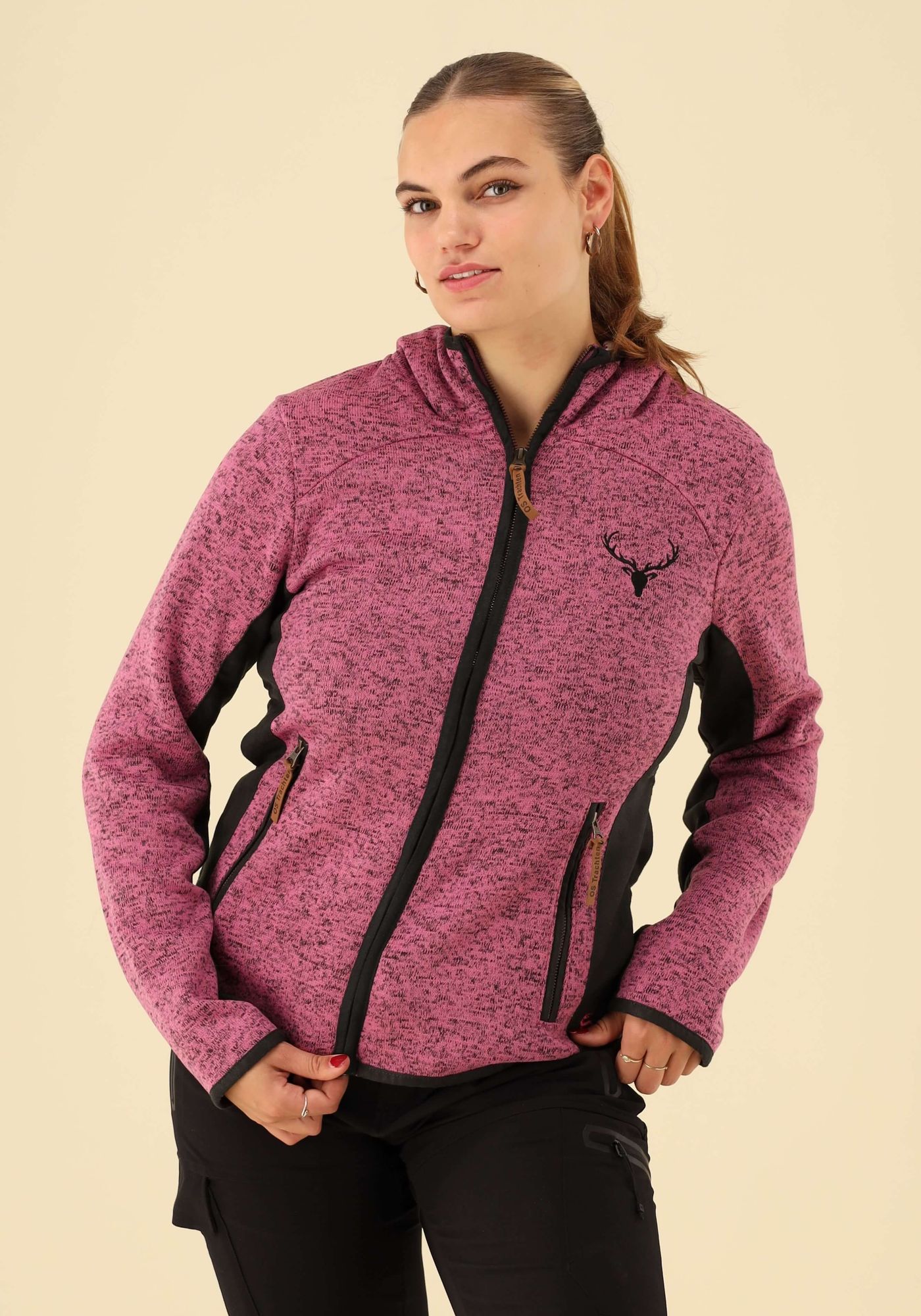 OS Trachten Damen Strickfleecejacke Freizeitjacke Übergangjacke mit Kapuze Zumgu