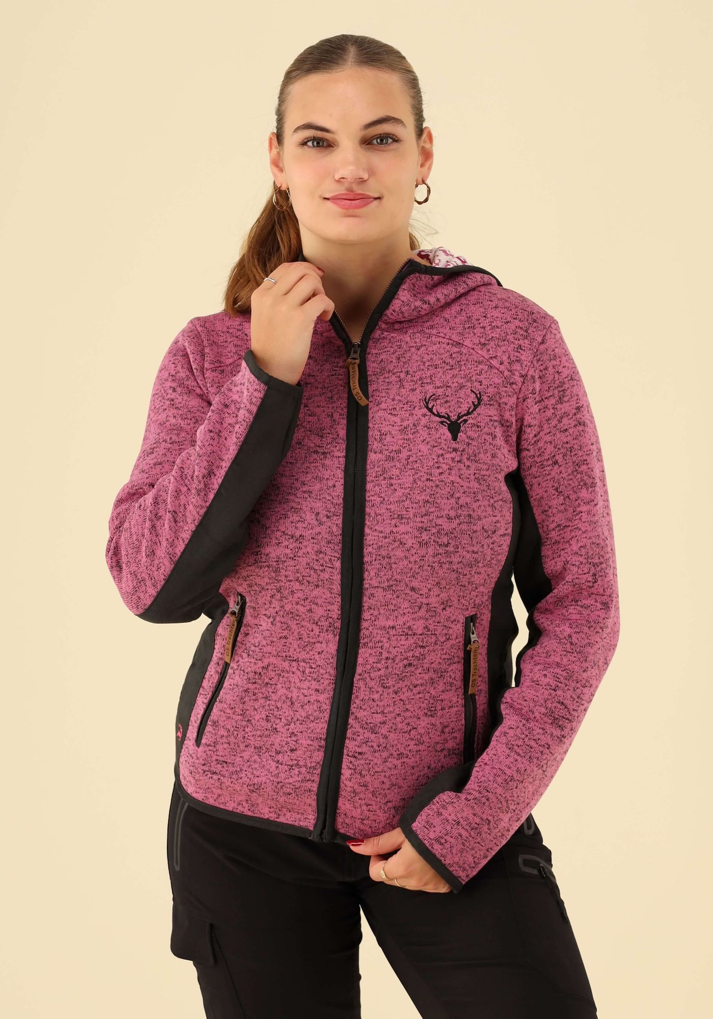 OS Trachten Damen Strickfleecejacke Freizeitjacke Übergangjacke mit Kapuze Zumgu