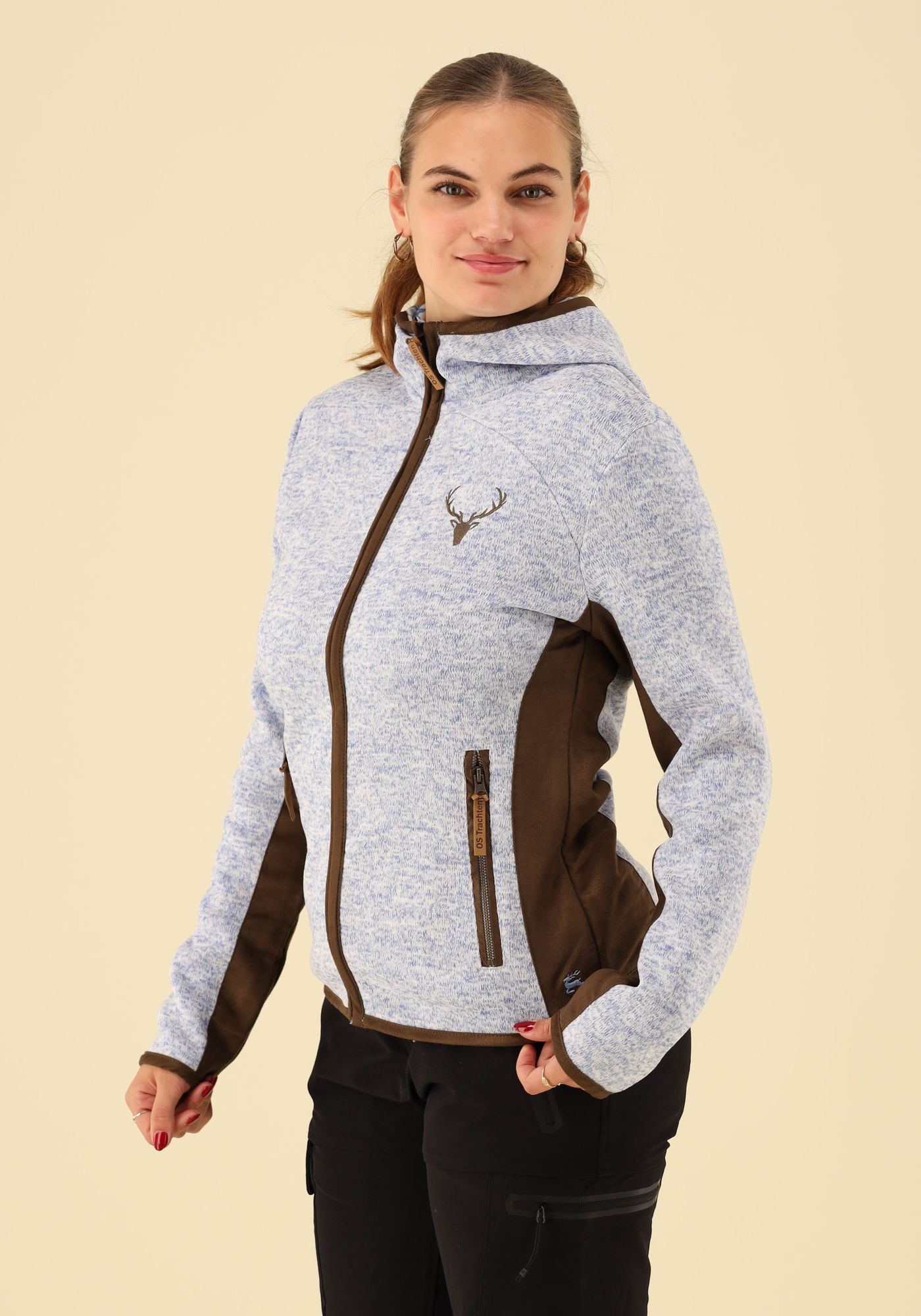 OS Trachten Damen Strickfleecejacke Freizeitjacke Übergangjacke mit Kapuze Zumgu