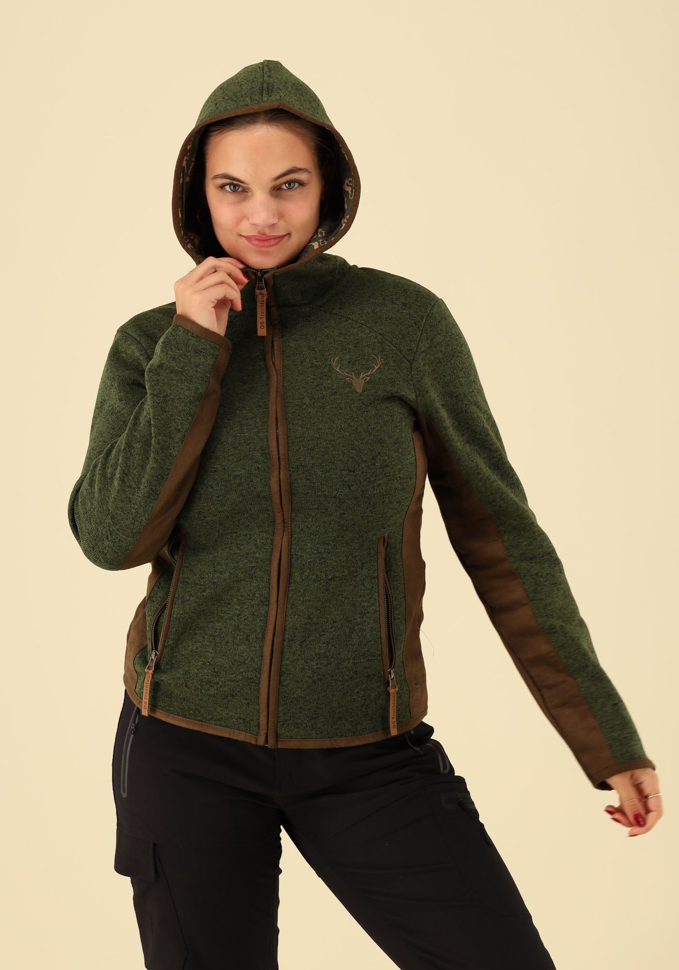 OS Trachten Damen Strickfleecejacke Freizeitjacke Übergangjacke mit Kapuze Zumgu
